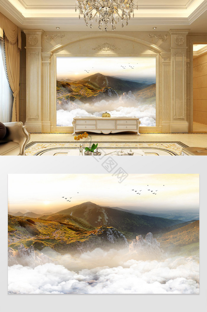 大理石山水日出沙发背景墙定制图片