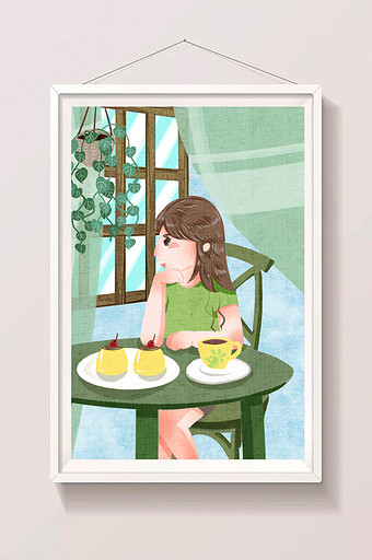 清新可爱女孩下午茶美食插画图片