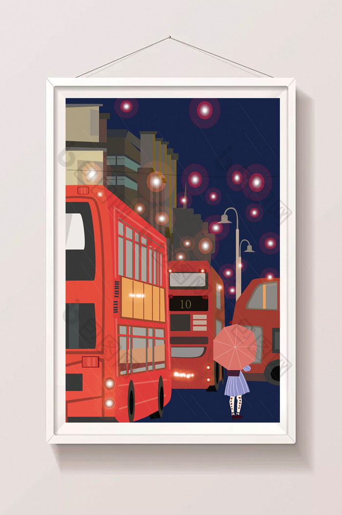 女孩在停着公交车的街撑着伞的暑假生活插画