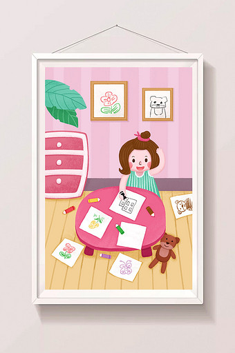 粉色温馨女孩开心画画暑期生活插画图片