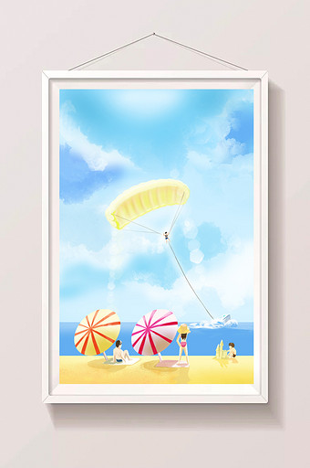手绘色彩沙滩海滨度假插画图片