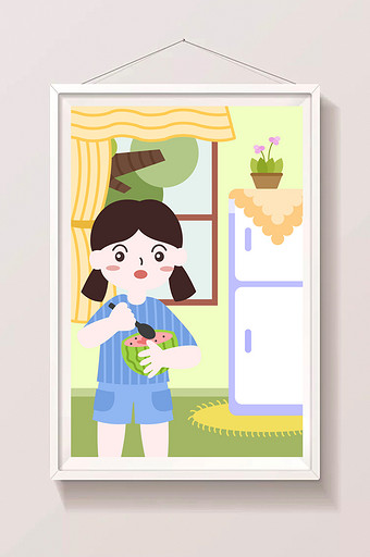 小清新可爱女孩暑假吃水果插画图片