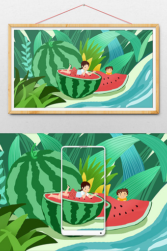 原创绿色夏季小孩吃西瓜小暑节气插画设计图片