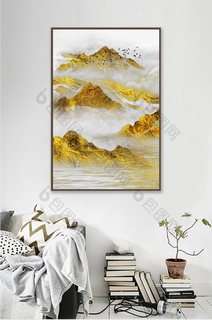 抽象金色新中式山水装饰画-抽象金色新中式山水装饰画效果图-【包图网】