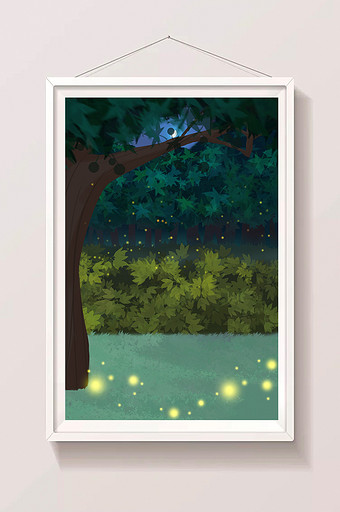 卡通夜晚树林萤火虫风景图片