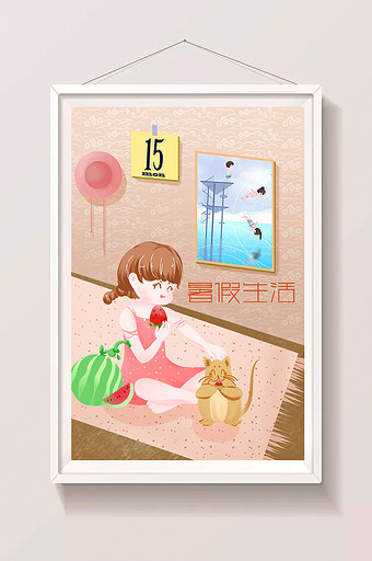 清新夏天暑假暑期小暑吃西瓜节气插画图片