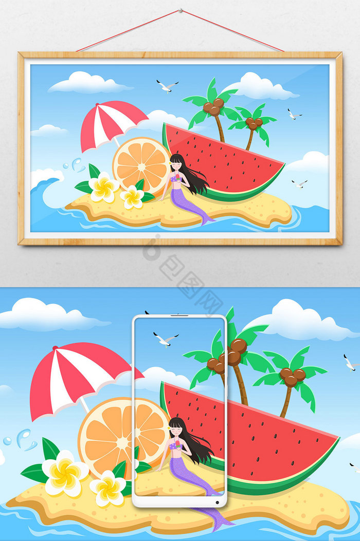 夏季海边沙滩水果派对插画图片