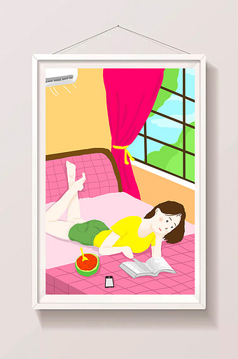 粉色清新小暑宅家吹空调看书场景插画图片