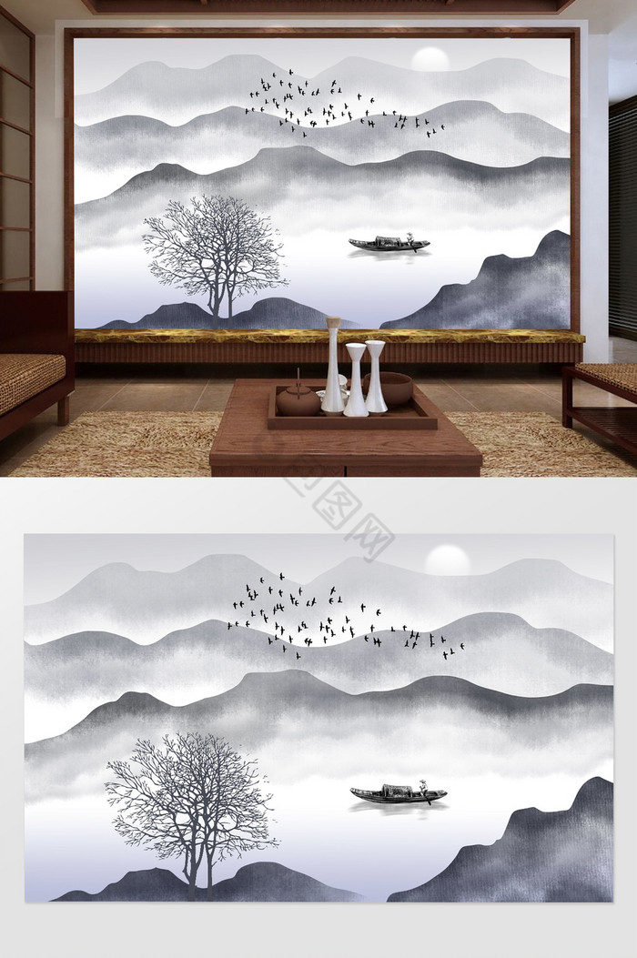新中式素雅水墨山水画背景墙图片
