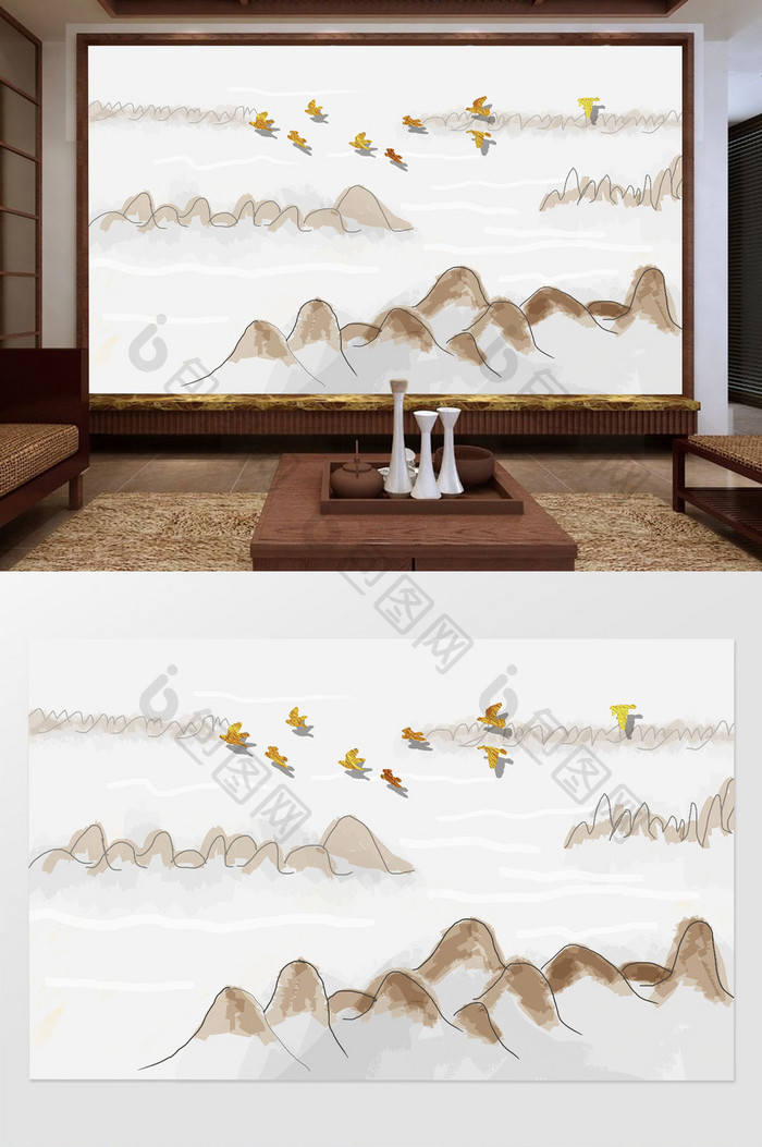 新中式禅意大气金箔飞鸟山石大理石背景墙