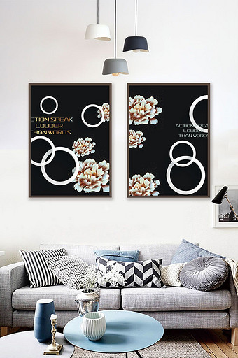 现代简约时尚黑白反色差花朵两联装饰画图片