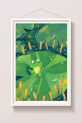 夏天夜晚荷叶上的青蛙和萤火虫插画背景图片下载