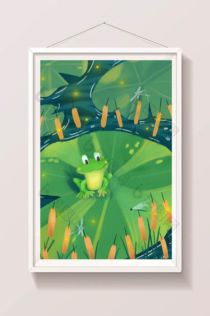 夏天夜晚荷叶上的青蛙和萤火虫插画背景