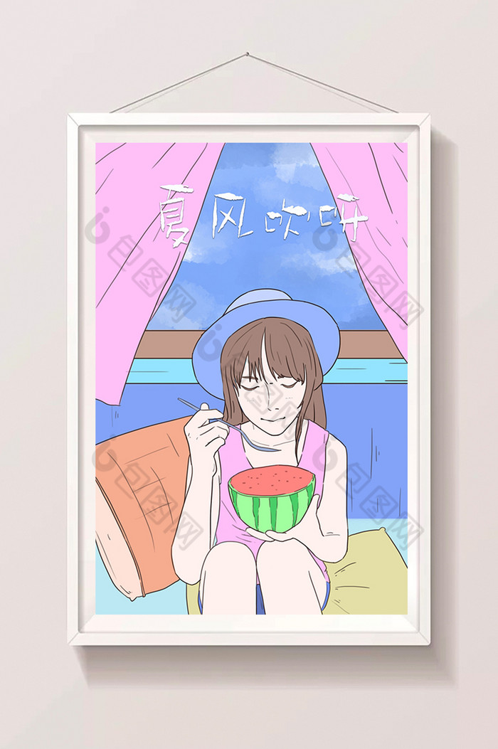 小暑夏天吃西瓜的少女插画图片图片