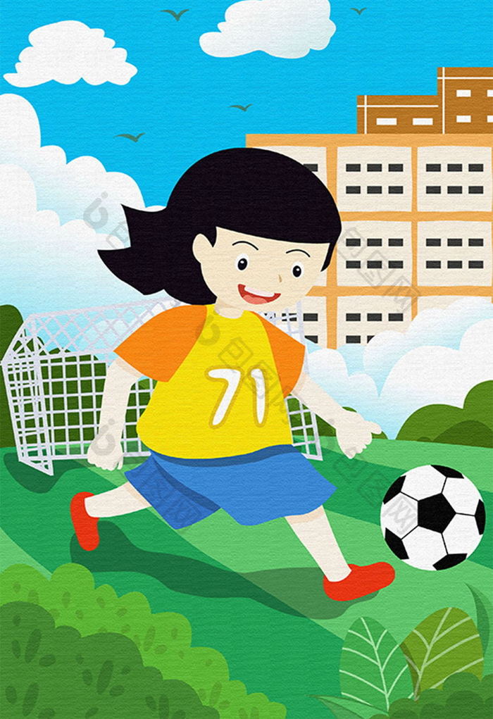 清新卡通2018世界杯小女孩足球运动插画