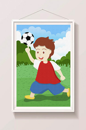 清新卡通欢乐世界杯男孩球场踢足球运动插画图片