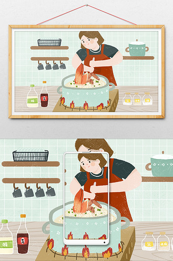 厨房美食料理饮食食物海鲜粥锅调料手绘插画图片