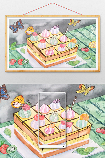 手绘小清新水彩水果蛋糕甜品插画图片