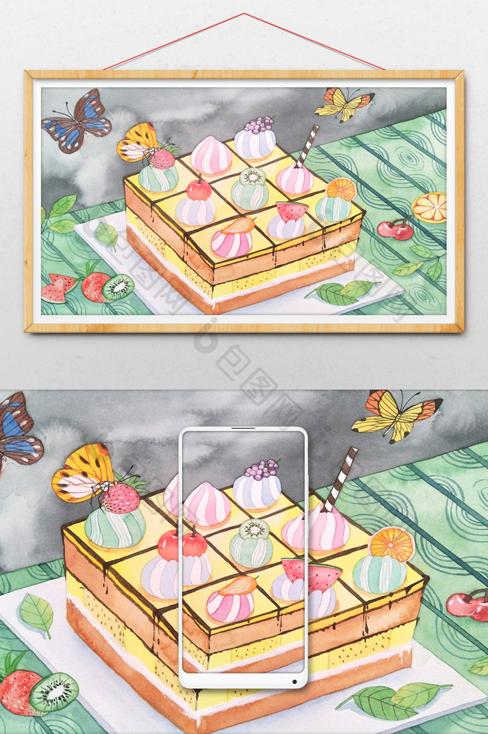手绘小清新水彩水果蛋糕甜品插画