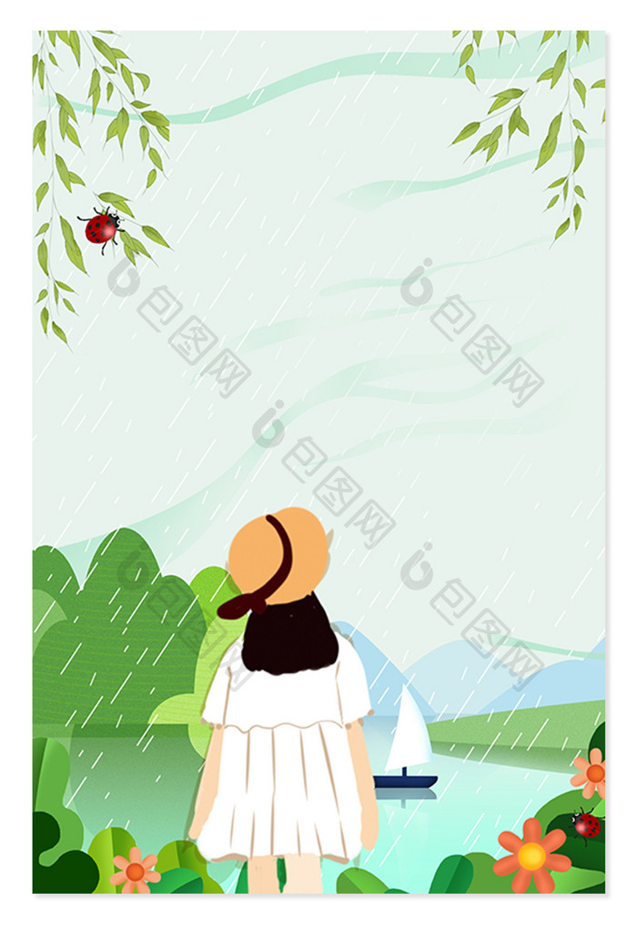 夏日清新站在池塘边的女孩广告设计背景图