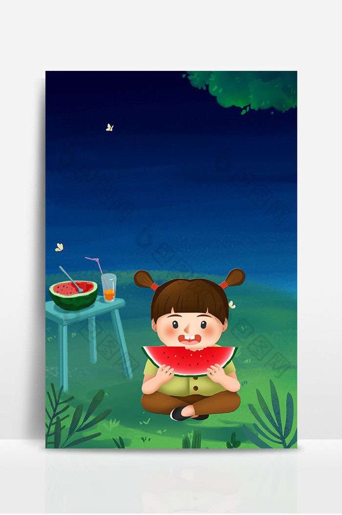 晚上吃西瓜的小女孩广告图图片图片