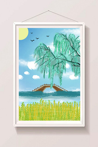 中国风夏日柳树下的小桥流水背景图片