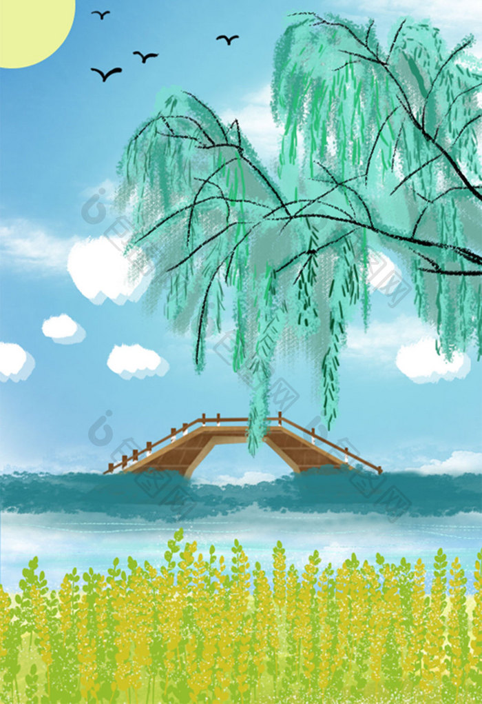 中国风夏日柳树下的小桥流水背景