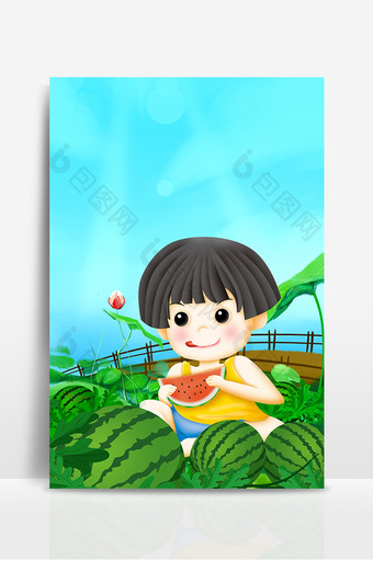 坐在西瓜堆吃西瓜的小孩广告设计背景图图片