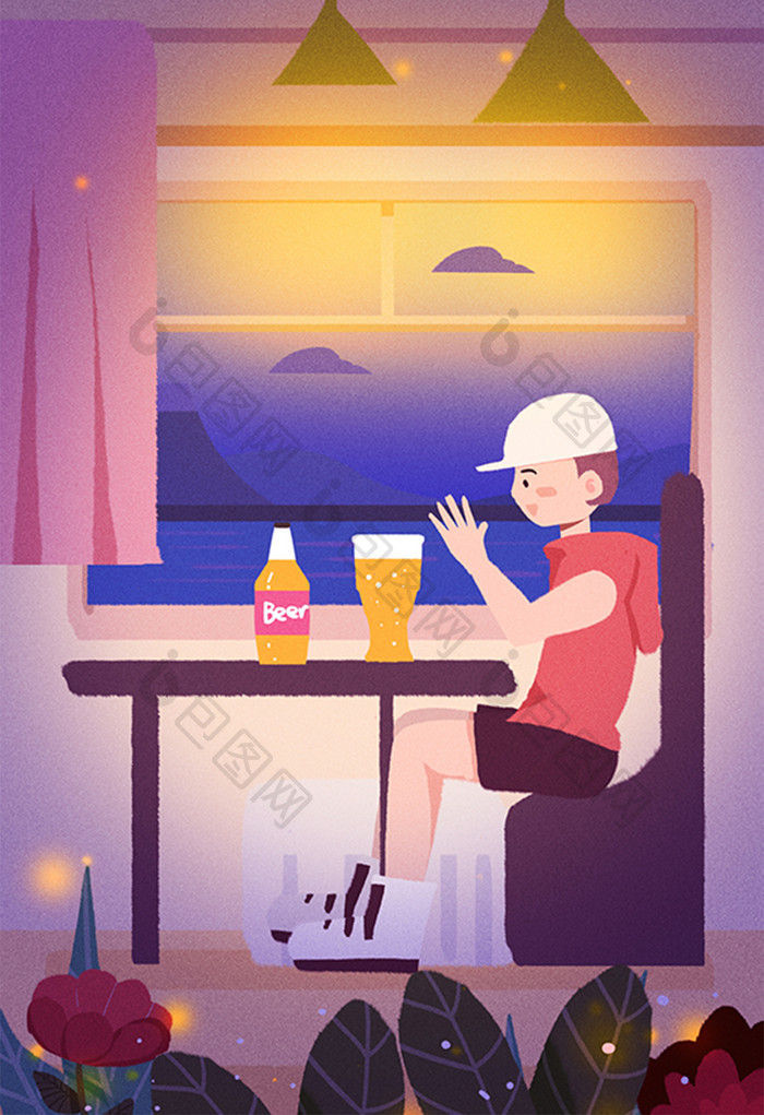 卡通夏日夜晚小暑啤酒节喝啤酒暑假旅行插画
