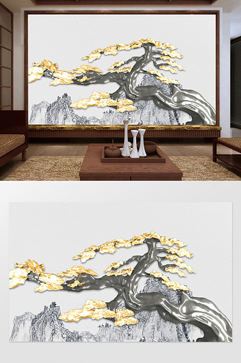 新中式简约松树浮雕电视背景墙图片