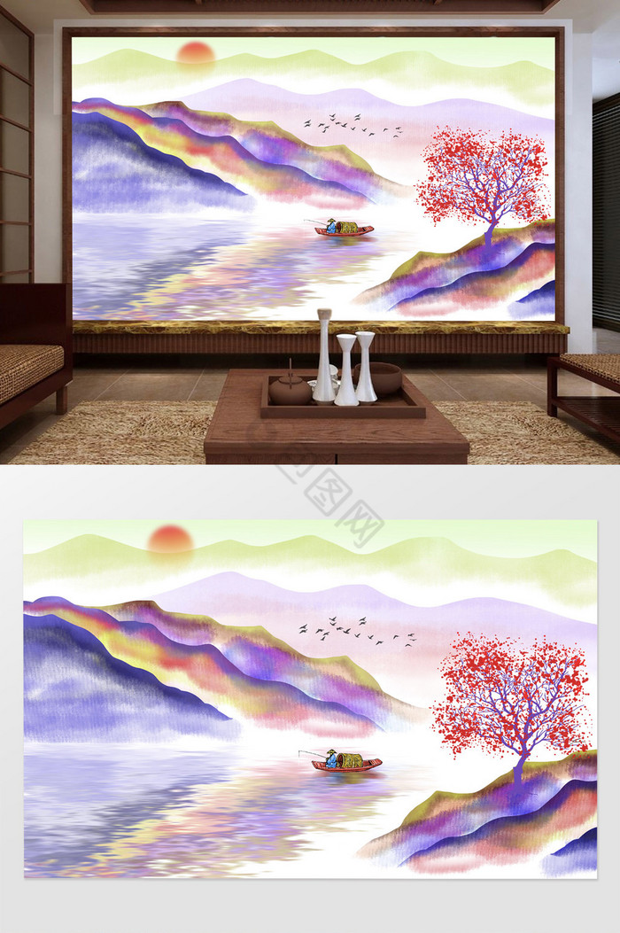 新中式彩色抽象写意山水背景装饰画图片