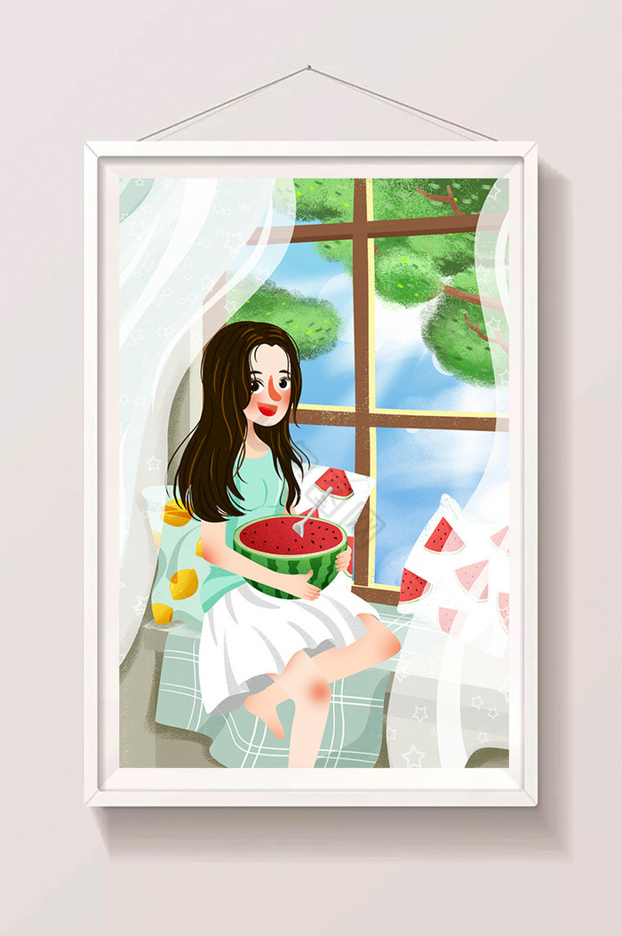 节气小暑插画女孩吃西瓜插画图片