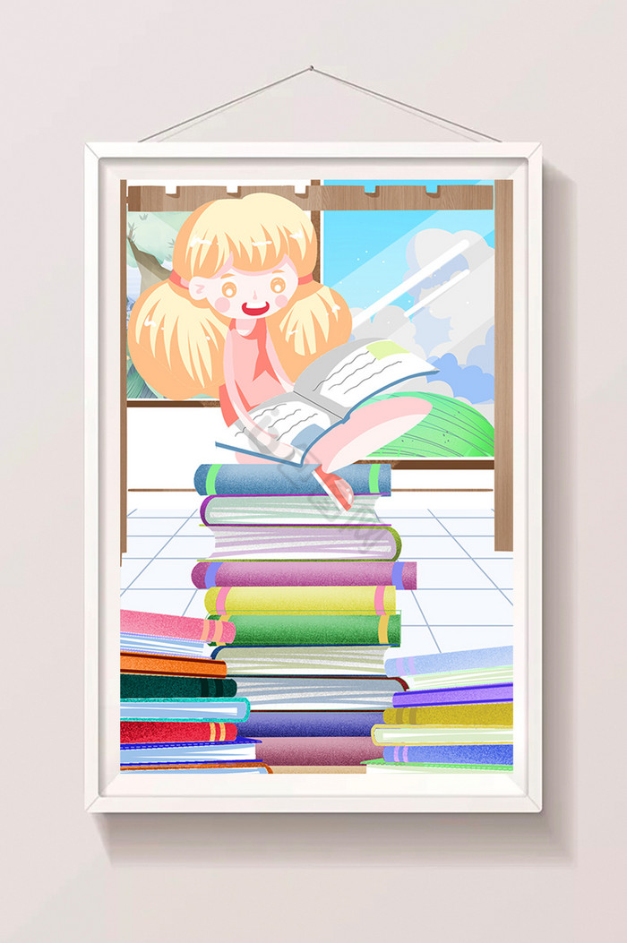 暑假假期生活学习看书在家女孩插画图片