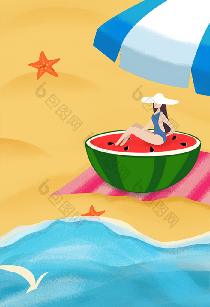 清新海滩度假旅游吃瓜插画