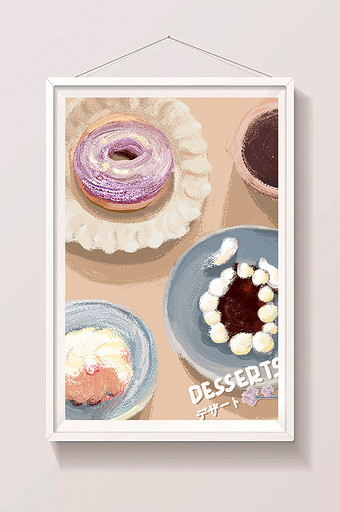 马卡龙小清新甜品美食油画风插画图片
