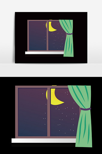 矢量卡通窗户窗帘夜景图片