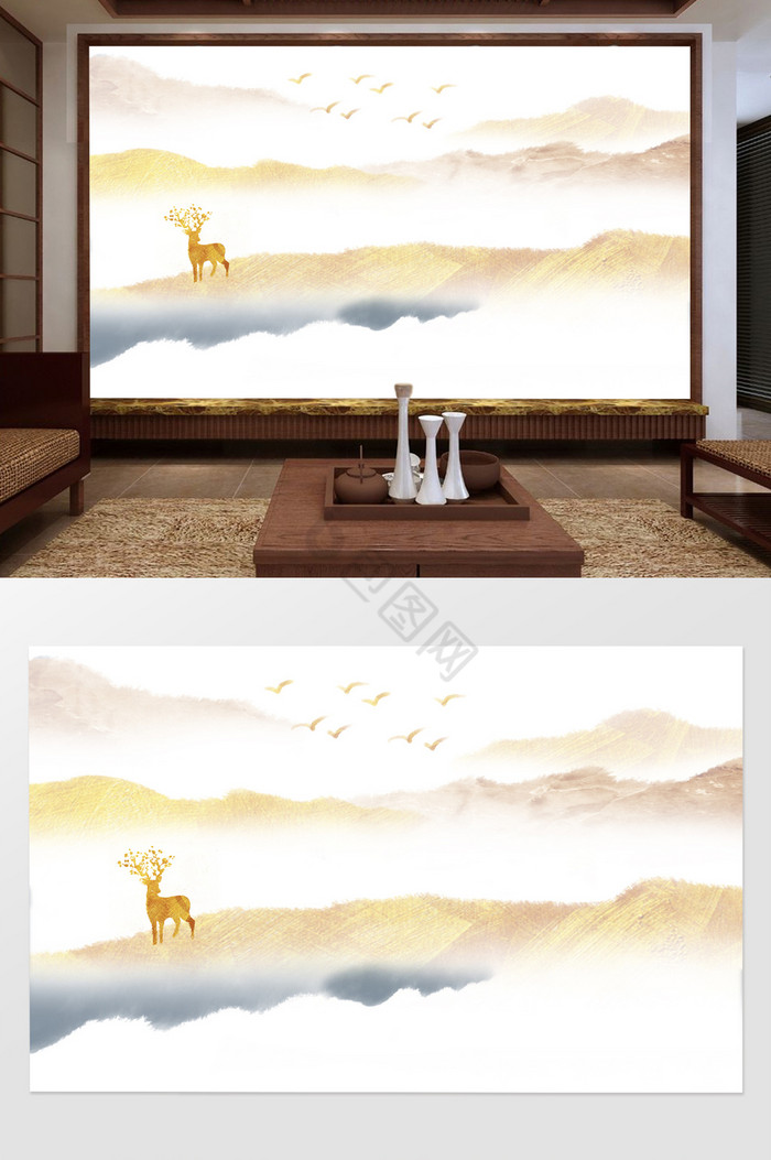 新中式金箔山水意境电视背景墙图片