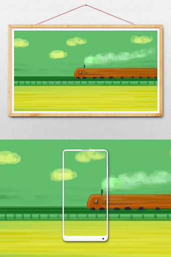 绿色调撞色火车风景插画背景图片