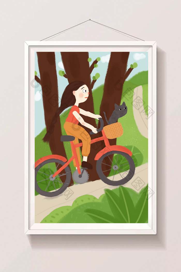 清新假期带着宠物骑单车出游的小女孩插画