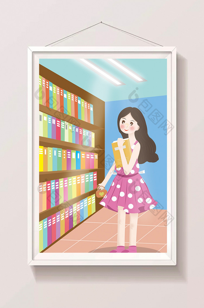 卡通女孩暑期生活图书馆看书系列插画