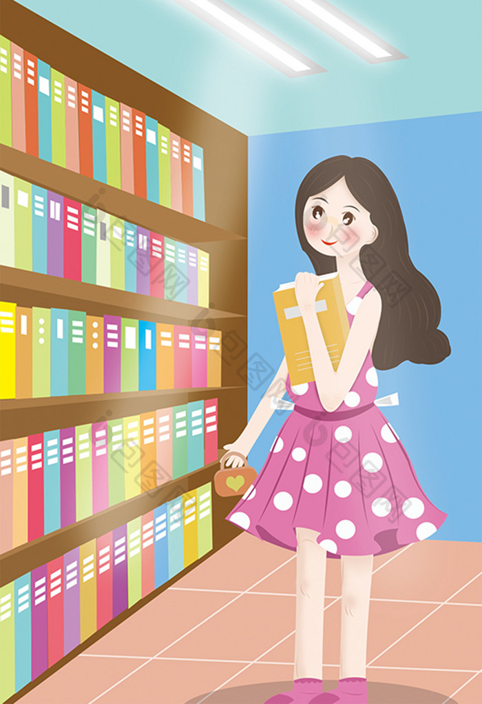 卡通女孩暑期生活图书馆看书系列插画