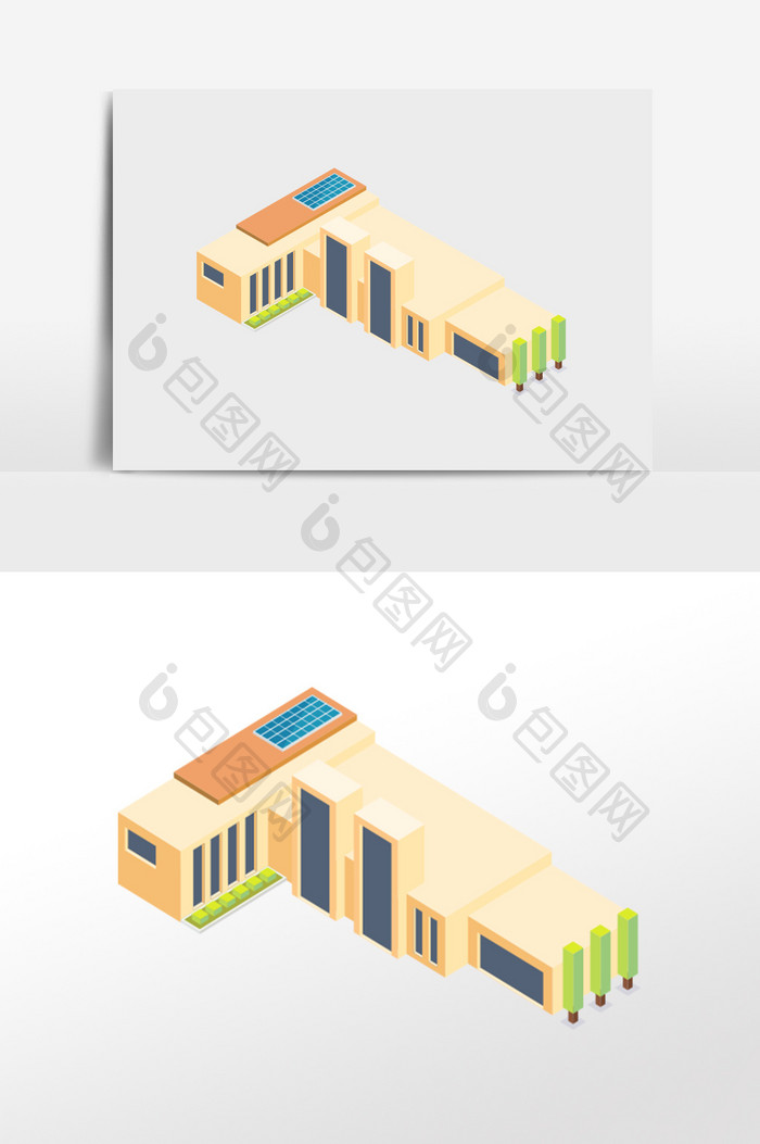 卡通清新等距海边别墅建筑矢量元素