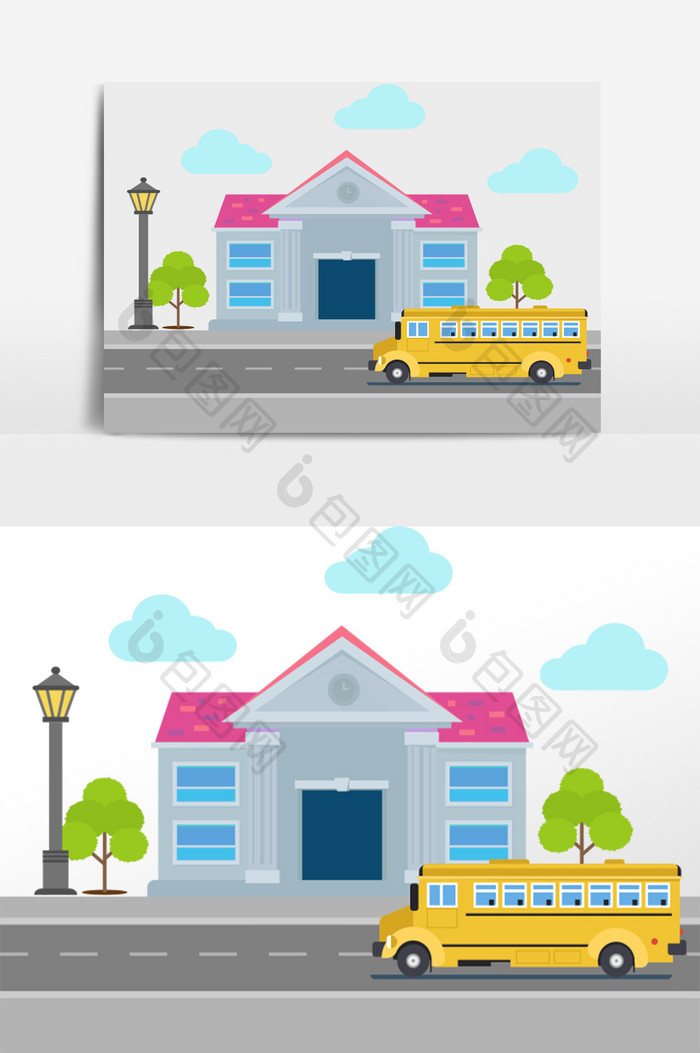 卡通清新学校校车建筑开学矢量元素