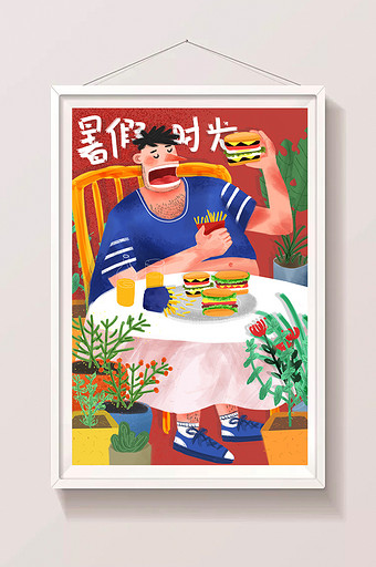 卡通手绘吃汉堡男孩暑期生活发胖美食插画图片