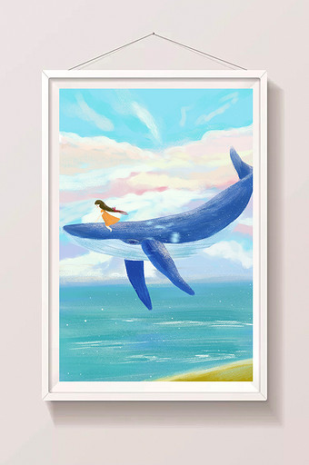 夏天蓝色湖面上坐在鲸鱼上的小女孩图片