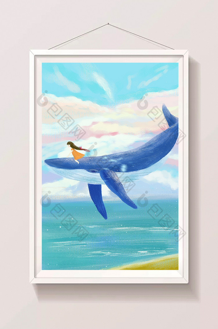 夏天蓝色湖面上坐在鲸鱼上的小女孩