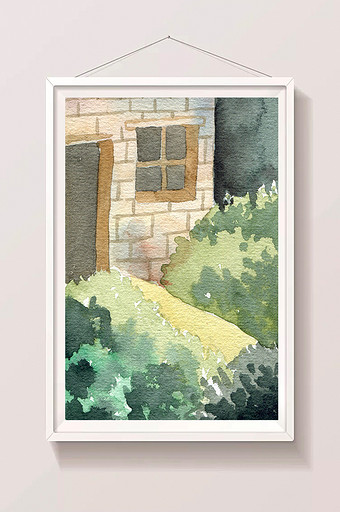 房屋窗户蓝色夏日素材手绘背景风景清新水彩图片