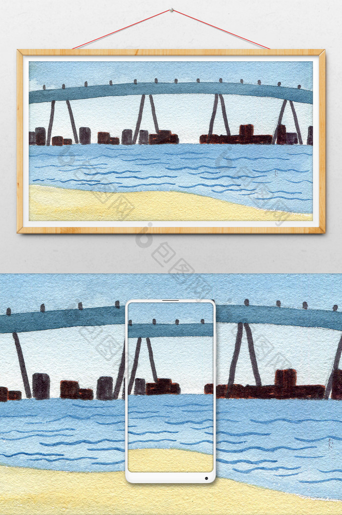 蓝色夏日跨海大桥素材手绘背景风景清新水彩