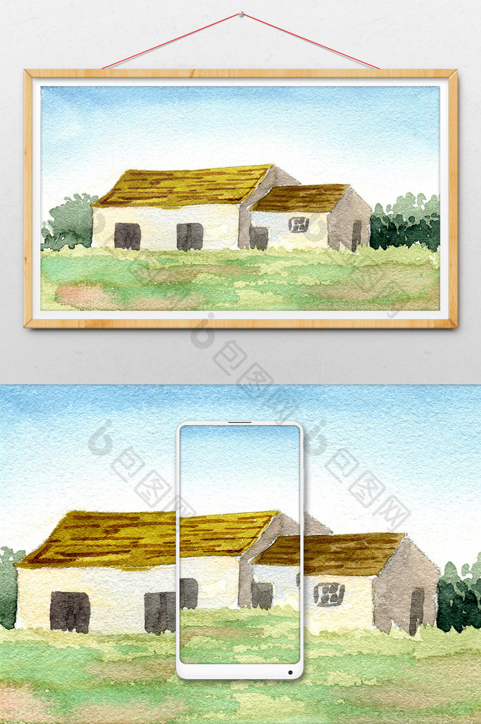 房屋蓝色夏日素材手绘背景风景清新水彩