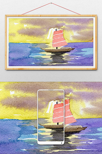 蓝色帆船夏日素材手绘背景风景清新水彩图片